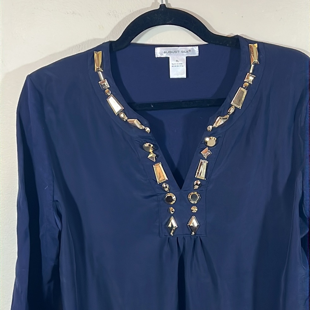 August Silk Women's Black 3/4 Sleeve Jeweled V-Neck Blouse Gold Rhinestones XL - Picture 4 of 8